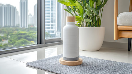 White shampoo bottle mockup on the floor in living room. 3d rendering