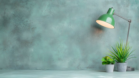 Green lamp and plant on concrete wall background. 3D Renderingの写真素材