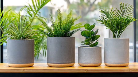 Plants in pots on wooden shelf in coffee shop, stock photo