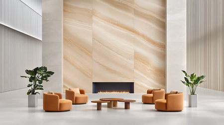 Interior of modern living room with wooden walls, concrete floor, orange armchairs and fireplace. 3d...