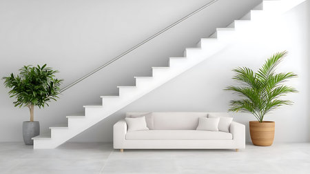 Interior of modern living room with white sofa and stairs - renderingの写真素材