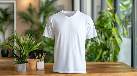 Blank white t-shirt mockup on wooden table, front view