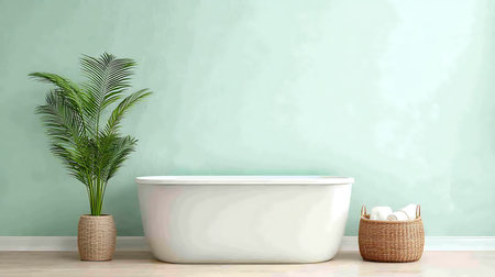 Bathroom interior with bathtub and palm tree on color wall background