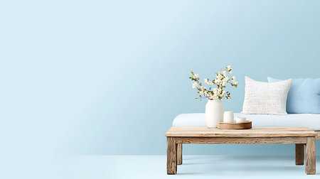 Interior of living room with blue wall, sofa and flowers. 3d renderingの写真素材