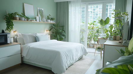 Interior of modern bedroom with white bed and plants, 3d renderの写真素材