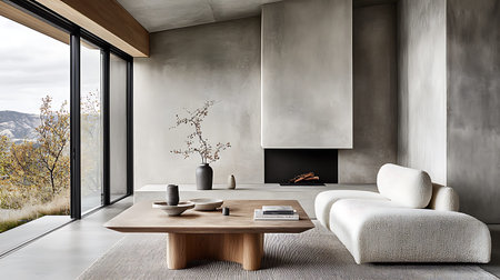 Interior of modern living room with gray walls, concrete floor, comfortable sofa and wooden coffee...