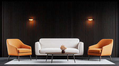 Interior of modern living room with white sofa and orange armchairs