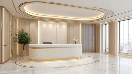 Interior of luxury hotel reception hall with white and gold reception desk. 3d renderingの写真素材