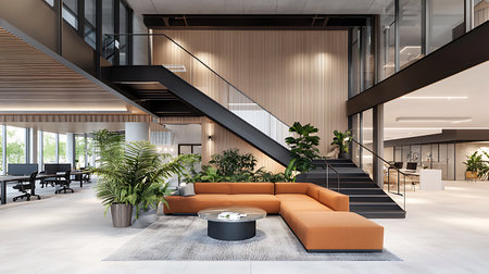 Interior of modern office waiting room with brown sofa and plants. 3d renderingの写真素材