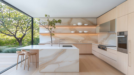 interior of modern kitchen with white marble walls, wooden floor and white countertops