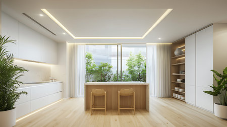 3d rendering modern white and wooden kitchen with white walls and wooden floor