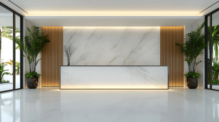 Interior of luxury hotel reception hall with white and gold walls, tiled floor and white reception counter. 3d renderingの写真素材