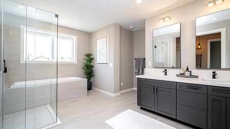 Interior of a modern bathroom with white walls and wooden floor. Nobody inside