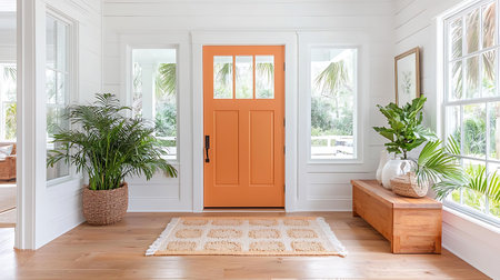 Interior of a modern living room with wooden door and plants in potsの写真素材