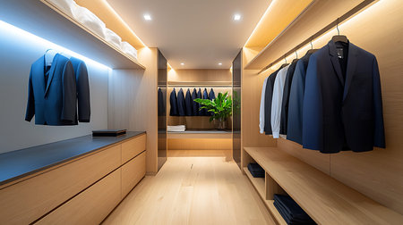 Closet with clothes in modern dressing room. 3d renderingの写真素材