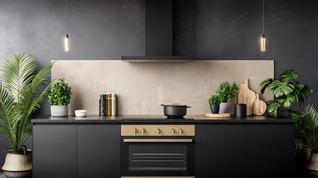 Interior of modern kitchen with grey walls, concrete floor, black cupboards and built in cooker. 3d...