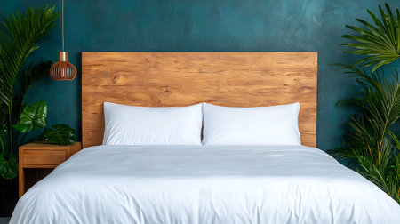 Wooden bed with white pillows in modern bedroom. 3d renderingの写真素材