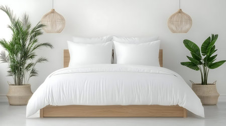 Modern bedroom interior with white pillows on the bed 3d render