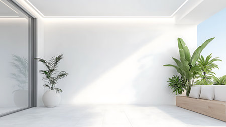 Interior of modern living room with white walls, concrete floor, white sofa and green plants in pots. 3d renderingの写真素材
