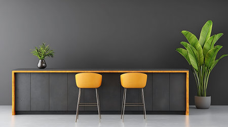 Interior of modern cafe with black walls, concrete floor, yellow bar stools and green plants in pots. 3d renderingの写真素材