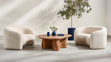 Interior of modern living room with two white armchairs and round coffee table