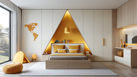 Interior of modern bedroom with white walls, wooden floor, comfortable king size bed and yellow...