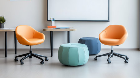 Interior of modern office with whiteboard, orange and blue chairs and coffee table. 3d renderの写真素材