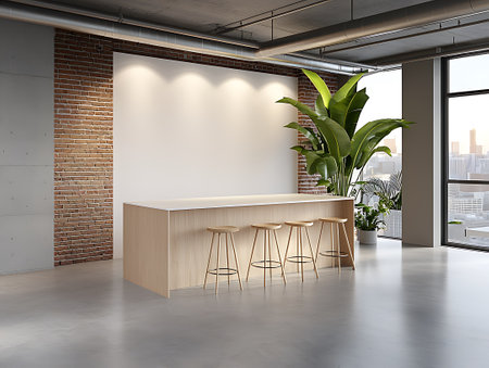 Interior of modern space with brick walls, concrete floor, long wooden counter with stools and plant. 3d rendering mock upの写真素材