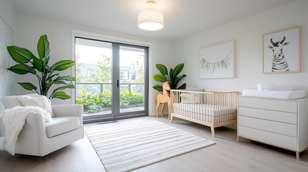 Children's room with white furniture and plants. 3d rendering.