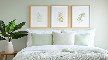 Modern bedroom interior design with white bed, pillows and plants. 3d render