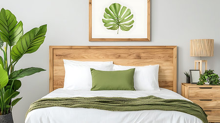 Interior of modern bedroom with white walls, wooden floor, comfortable king size bed with green linen and monstera plant. 3d renderingの写真素材