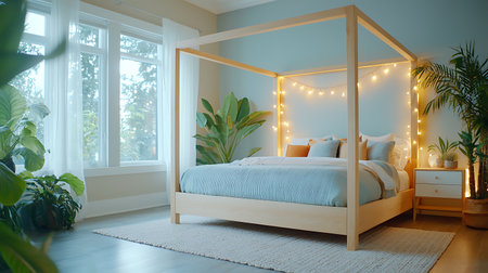 interior of cozy bedroom with wooden double bed and light garlandの写真素材