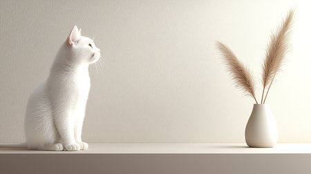 White cat sitting on a shelf near a white wall. 3d renderingの写真素材