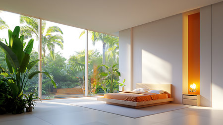 Modern bedroom interior design. 3D rendering. Bedroom with tropical plants.の写真素材