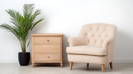 Armchair and wooden chest of drawers on the floor in the room