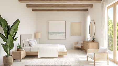 interior of modern bedroom with white walls, wooden floor, comfortable king size bed and wooden wardrobe. 3d renderingの写真素材