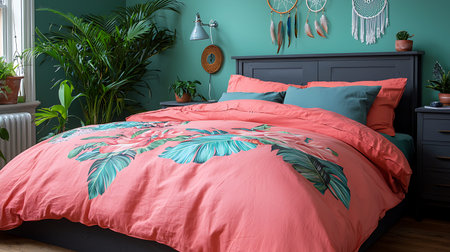 interior of modern bedroom with pink and turquoise bedding