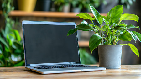 Laptop computer on wooden table with green plant in pot. Home office conceptの写真素材