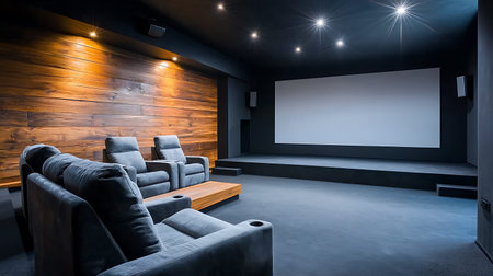 Interior of a modern living room with a black sofa and a wooden wallの写真素材