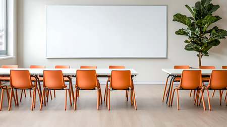 Empty classroom with orange chairs and whiteboard. 3d rendering.の写真素材