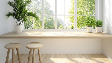 interior with white walls, wooden floor and green plant 3d renderの写真素材