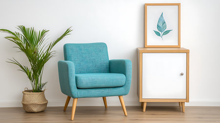 Blue armchair in modern living room with picture frame on wall. 3d renderの写真素材