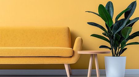 Yellow sofa in modern interior with plant. 3d render illustration.の写真素材