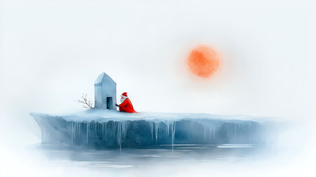 Santa Claus sitting on an iceberg and looking at a house in the snowの写真素材