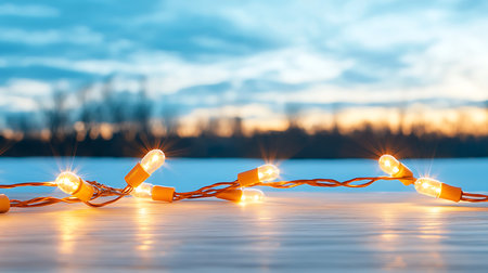 Christmas lights on the background of the winter landscape. Christmas background.の写真素材