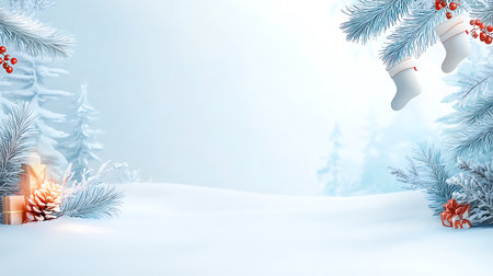 Christmas background with fir branches, snowdrift and christmas decorationsの写真素材