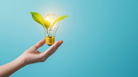 Light bulb with green leaves in hand on blue background. Eco energy concept