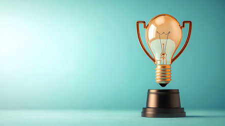 3d rendering of a lightbulb on top of a trophyの写真素材