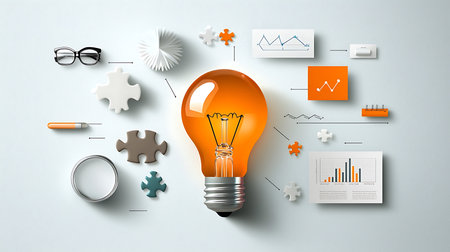 Idea light bulb with business icons on light background. 3D renderingの写真素材