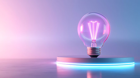 Glowing light bulb on pedestal in blue and pink colors, 3d renderの写真素材